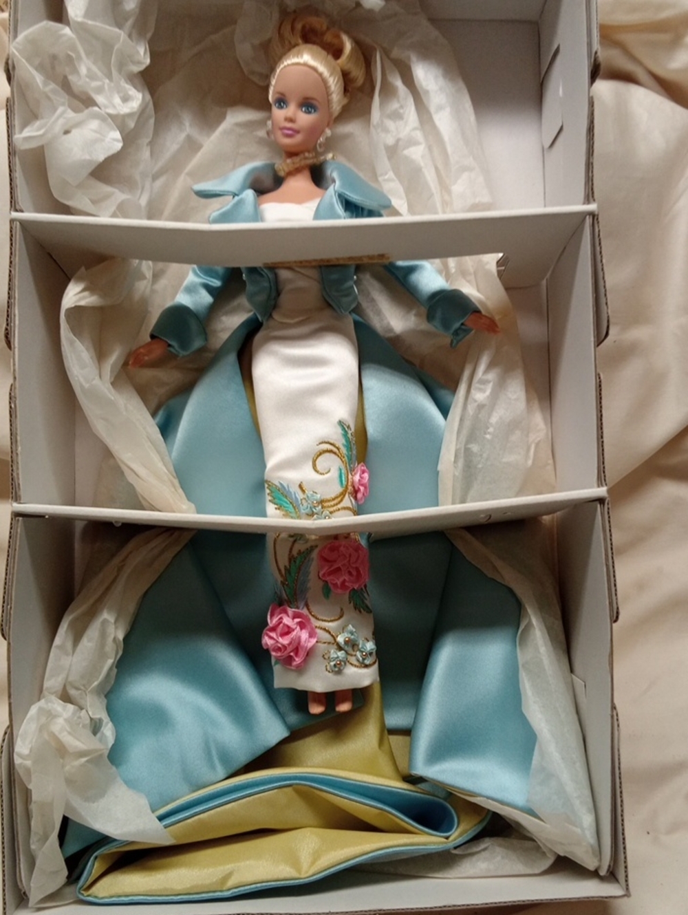 Elegant Light Blue Satin Coat & White Embroidered Gown for Women
